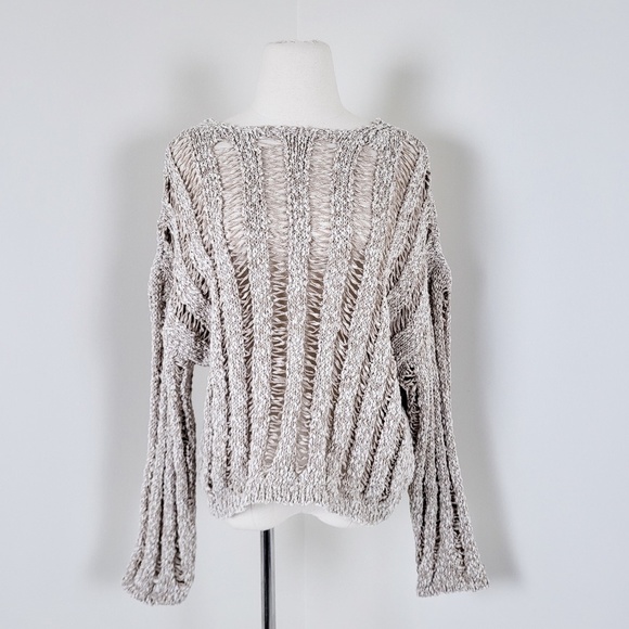 H&M cotton open knit crew neck long sleeve crop cropped beige crochet - Picture 2 of 9